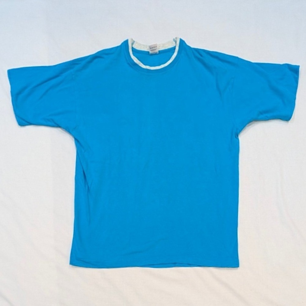 Vintage Fruit of the Loom Ringer Tee Cyan Blue Gray Trim XL Made in USA Cotton